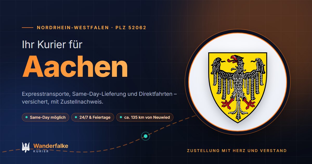 Kurierdienst Aachen: Wappen von Aachen und das Angebot von Wanderfalke Kurier – Express, Same-Day und Direktfahrt ab Neuwied