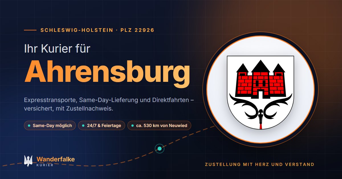 Kurierdienst Ahrensburg: Wappen von Ahrensburg und das Angebot von Wanderfalke Kurier – Express, Same-Day und Direktfahrt ab Neuwied
