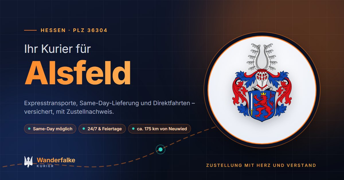 Kurierdienst Alsfeld: Wappen von Alsfeld und das Angebot von Wanderfalke Kurier – Express, Same-Day und Direktfahrt ab Neuwied
