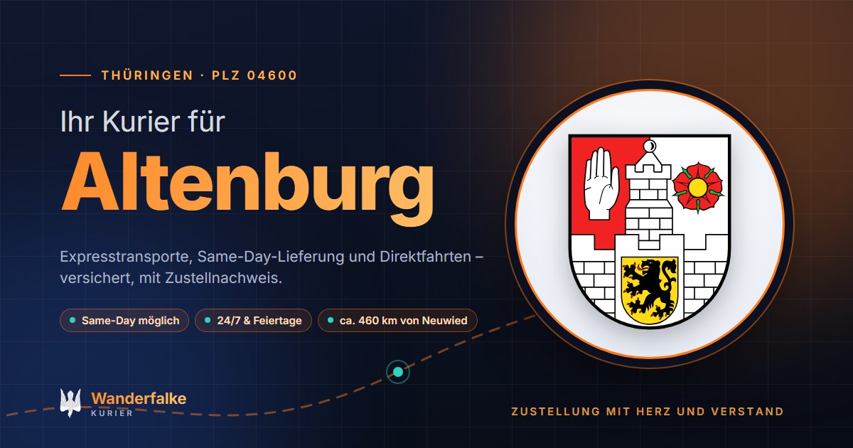 Kurierdienst Altenburg: Wappen von Altenburg und das Angebot von Wanderfalke Kurier – Express, Same-Day und Direktfahrt ab Neuwied