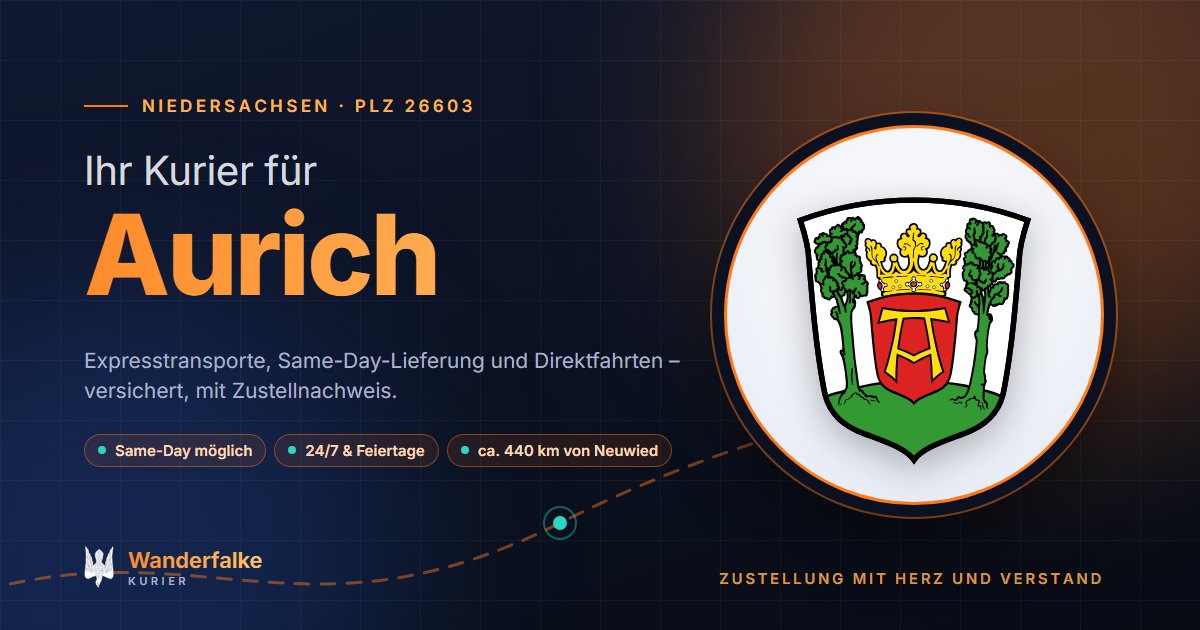 Kurierdienst Aurich: Wappen von Aurich und das Angebot von Wanderfalke Kurier – Express, Same-Day und Direktfahrt ab Neuwied