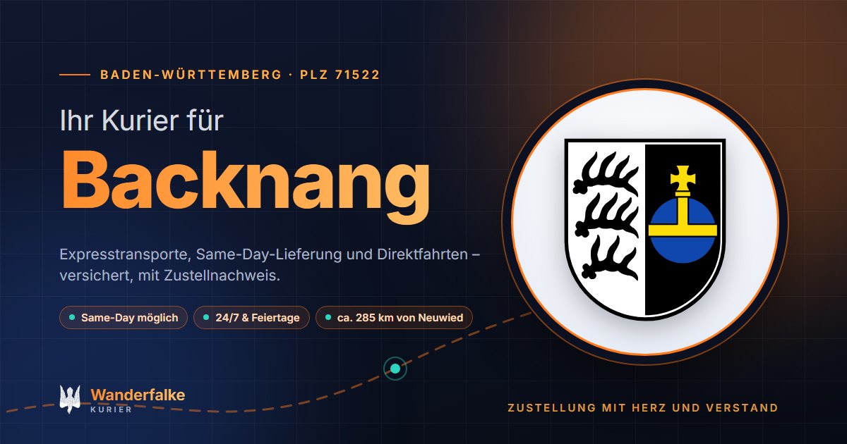 Kurierdienst Backnang: Wappen von Backnang und das Angebot von Wanderfalke Kurier – Express, Same-Day und Direktfahrt ab Neuwied
