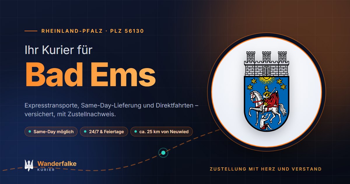 Kurierdienst Bad Ems: Wappen von Bad Ems und das Angebot von Wanderfalke Kurier – Express, Same-Day und Direktfahrt ab Neuwied