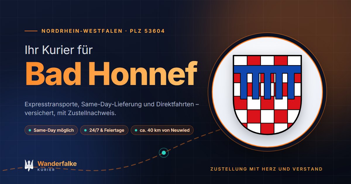 Kurierdienst Bad Honnef: Wappen von Bad Honnef und das Angebot von Wanderfalke Kurier – Express, Same-Day und Direktfahrt ab Neuwied