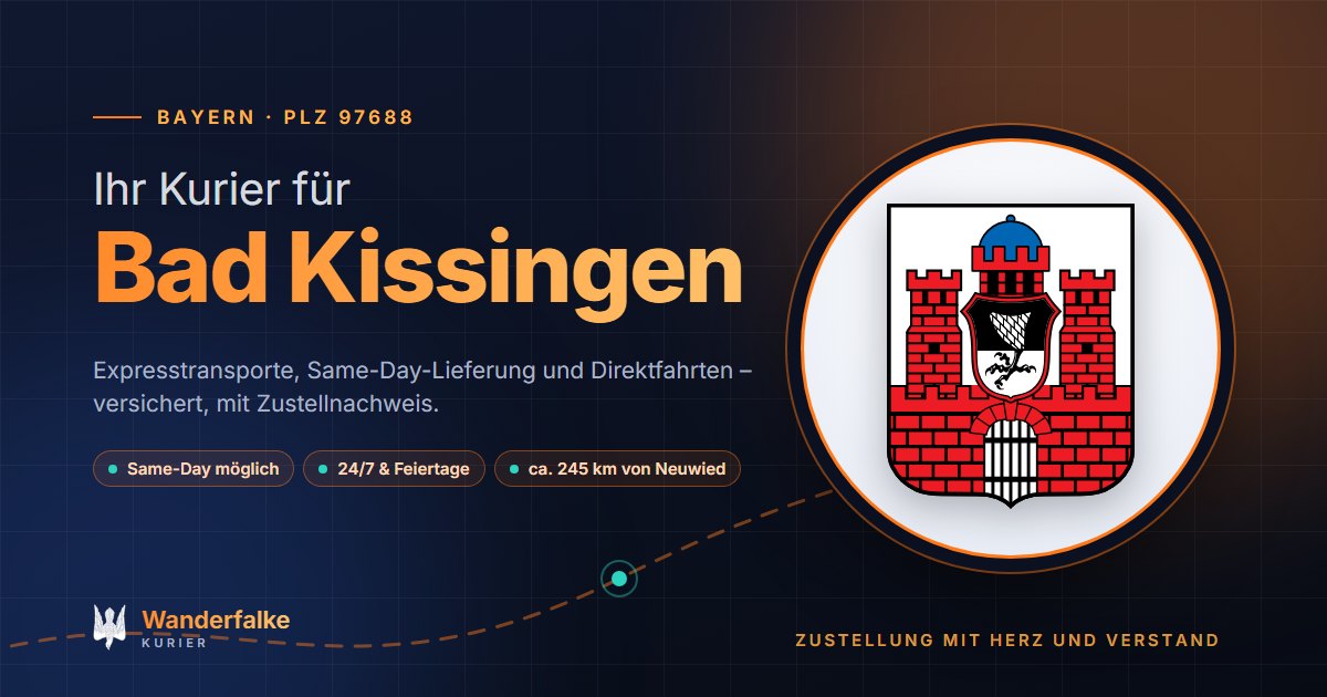 Kurierdienst Bad Kissingen: Wappen von Bad Kissingen und das Angebot von Wanderfalke Kurier – Express, Same-Day und Direktfahrt ab Neuwied