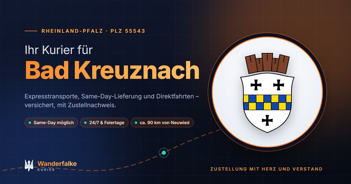 Kurierdienst Bad Kreuznach: Wappen von Bad Kreuznach und das Angebot von Wanderfalke Kurier – Express, Same-Day und Direktfahrt ab Neuwied