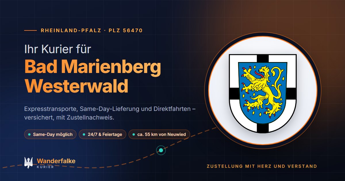 Kurierdienst Bad Marienberg Westerwald: Wappen von Bad Marienberg Westerwald und das Angebot von Wanderfalke Kurier – Express, Same-Day und Direktfahrt ab Neuwied