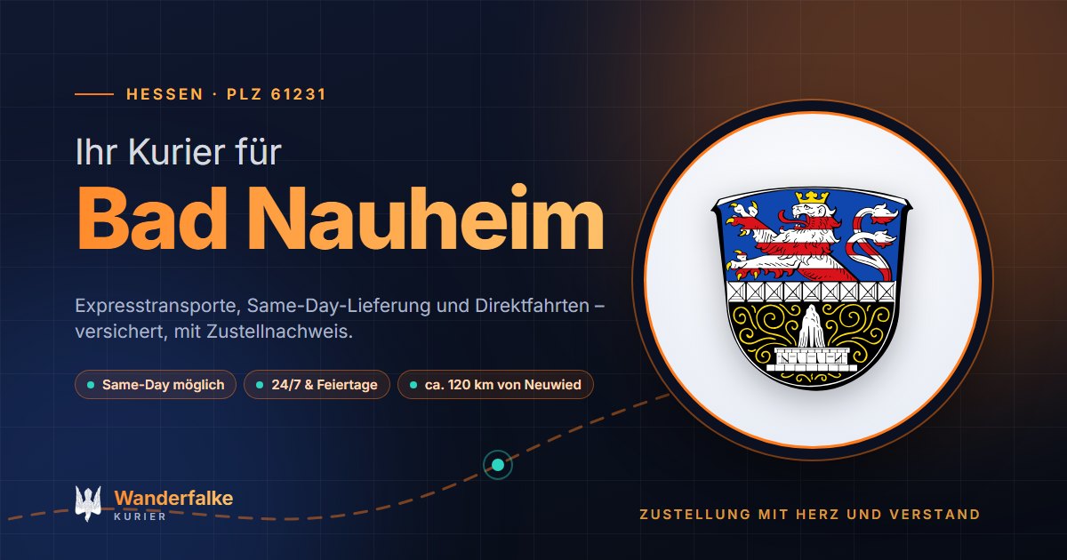 Kurierdienst Bad Nauheim: Wappen von Bad Nauheim und das Angebot von Wanderfalke Kurier – Express, Same-Day und Direktfahrt ab Neuwied