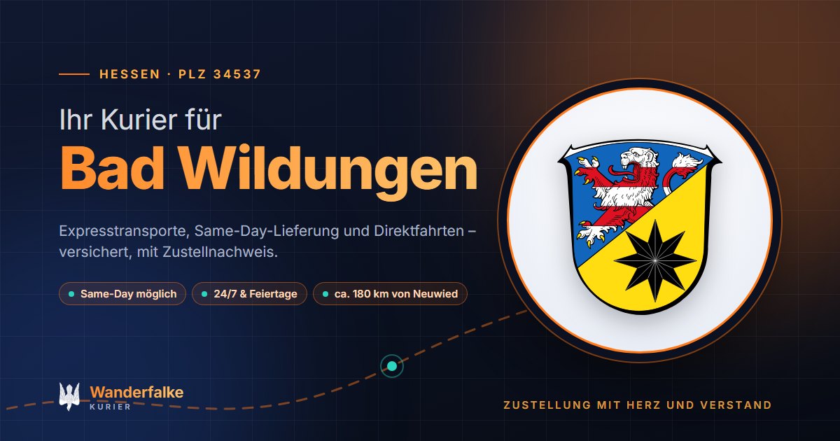 Kurierdienst Bad Wildungen: Wappen von Bad Wildungen und das Angebot von Wanderfalke Kurier – Express, Same-Day und Direktfahrt ab Neuwied