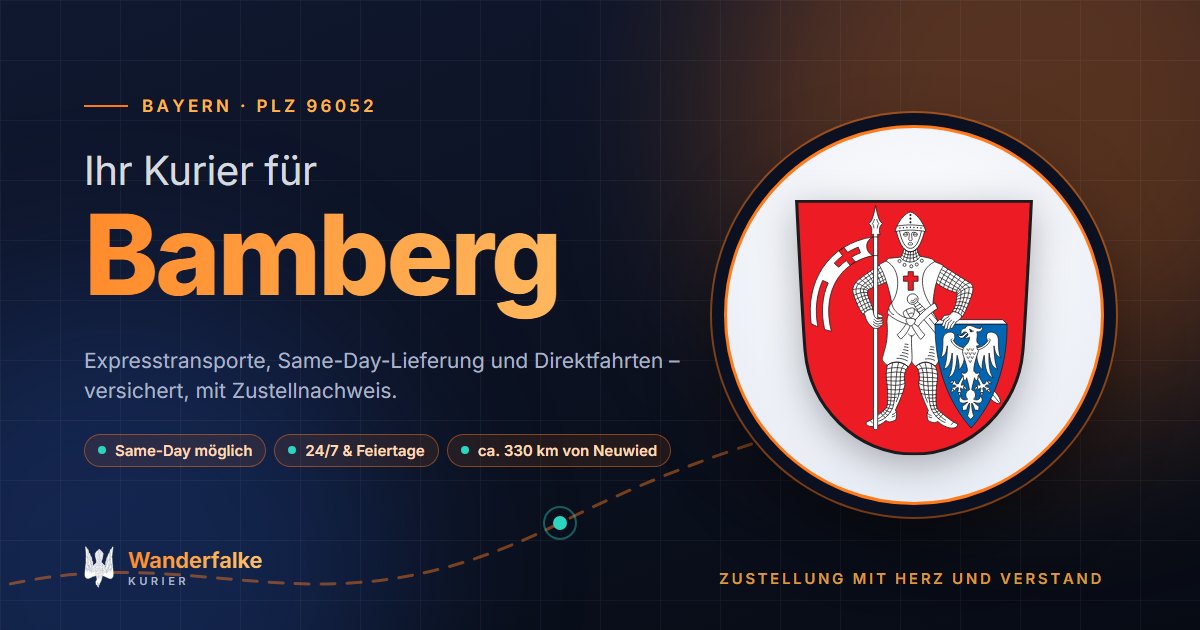 Kurierdienst Bamberg: Wappen von Bamberg und das Angebot von Wanderfalke Kurier – Express, Same-Day und Direktfahrt ab Neuwied