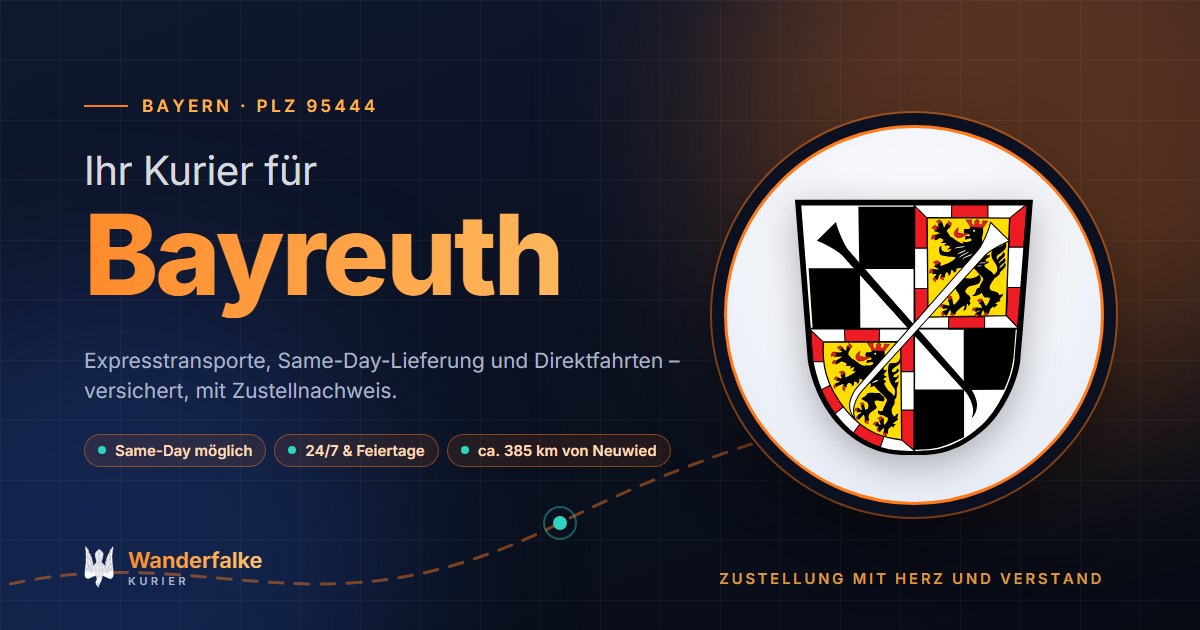 Kurierdienst Bayreuth: Wappen von Bayreuth und das Angebot von Wanderfalke Kurier – Express, Same-Day und Direktfahrt ab Neuwied