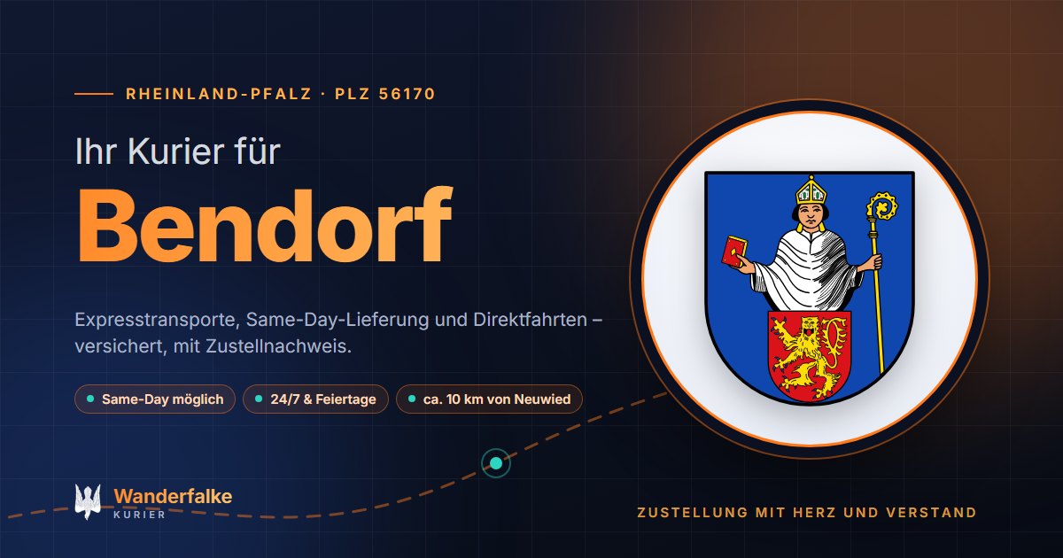 Kurierdienst Bendorf: Wappen von Bendorf und das Angebot von Wanderfalke Kurier – Express, Same-Day und Direktfahrt ab Neuwied