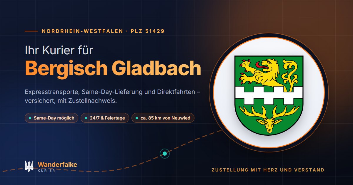 Kurierdienst Bergisch Gladbach: Wappen von Bergisch Gladbach und das Angebot von Wanderfalke Kurier – Express, Same-Day und Direktfahrt ab Neuwied