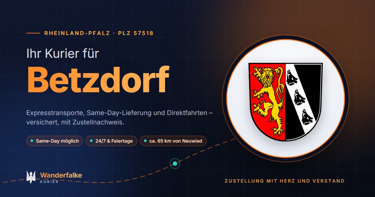 Kurierdienst Betzdorf: Wappen von Betzdorf und das Angebot von Wanderfalke Kurier – Express, Same-Day und Direktfahrt ab Neuwied