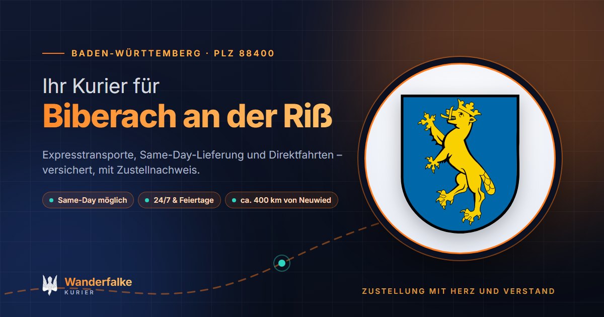 Kurierdienst Biberach an der Riß: Wappen von Biberach an der Riß und das Angebot von Wanderfalke Kurier – Express, Same-Day und Direktfahrt ab Neuwied