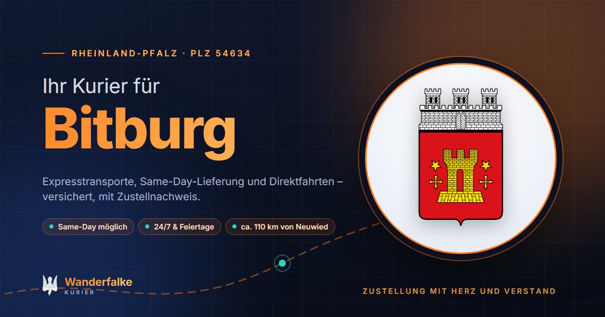 Kurierdienst Bitburg: Wappen von Bitburg und das Angebot von Wanderfalke Kurier – Express, Same-Day und Direktfahrt ab Neuwied