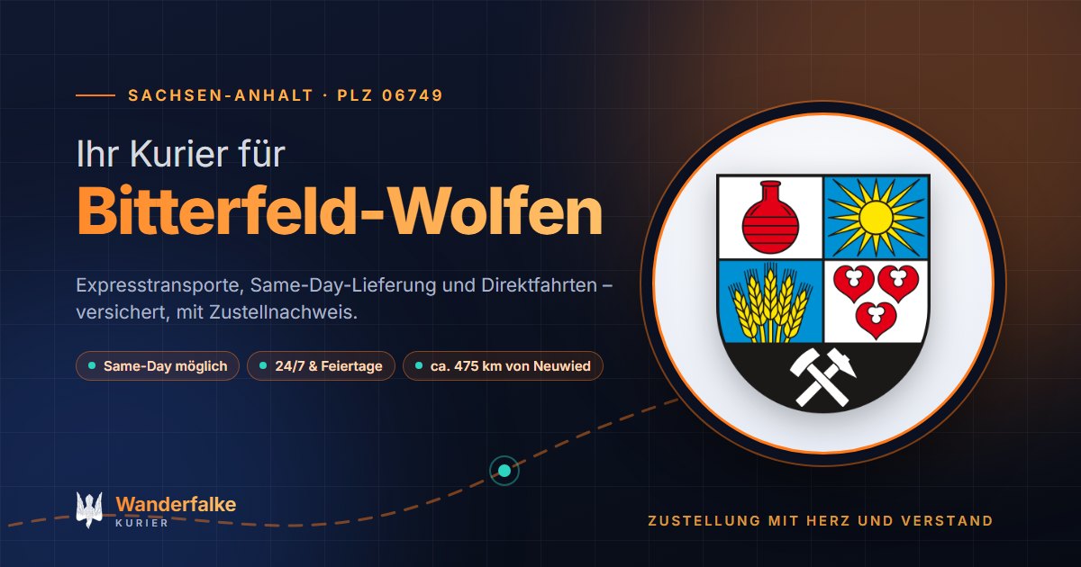 Kurierdienst Bitterfeld-Wolfen: Wappen von Bitterfeld-Wolfen und das Angebot von Wanderfalke Kurier – Express, Same-Day und Direktfahrt ab Neuwied
