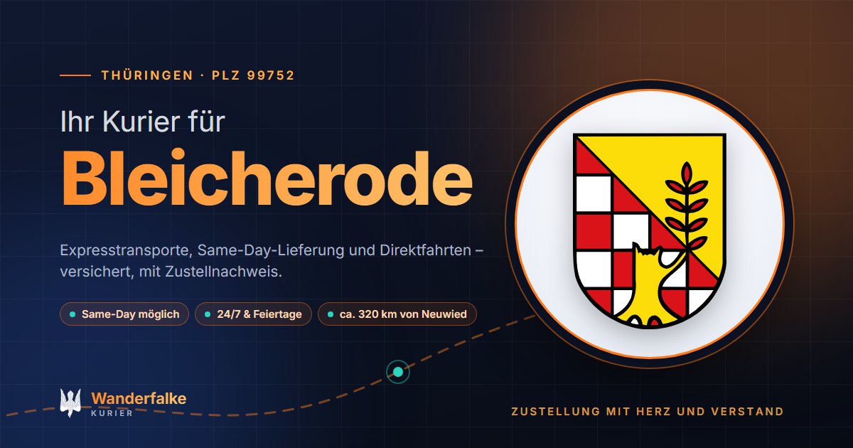 Kurierdienst Bleicherode: Wappen von Bleicherode und das Angebot von Wanderfalke Kurier – Express, Same-Day und Direktfahrt ab Neuwied