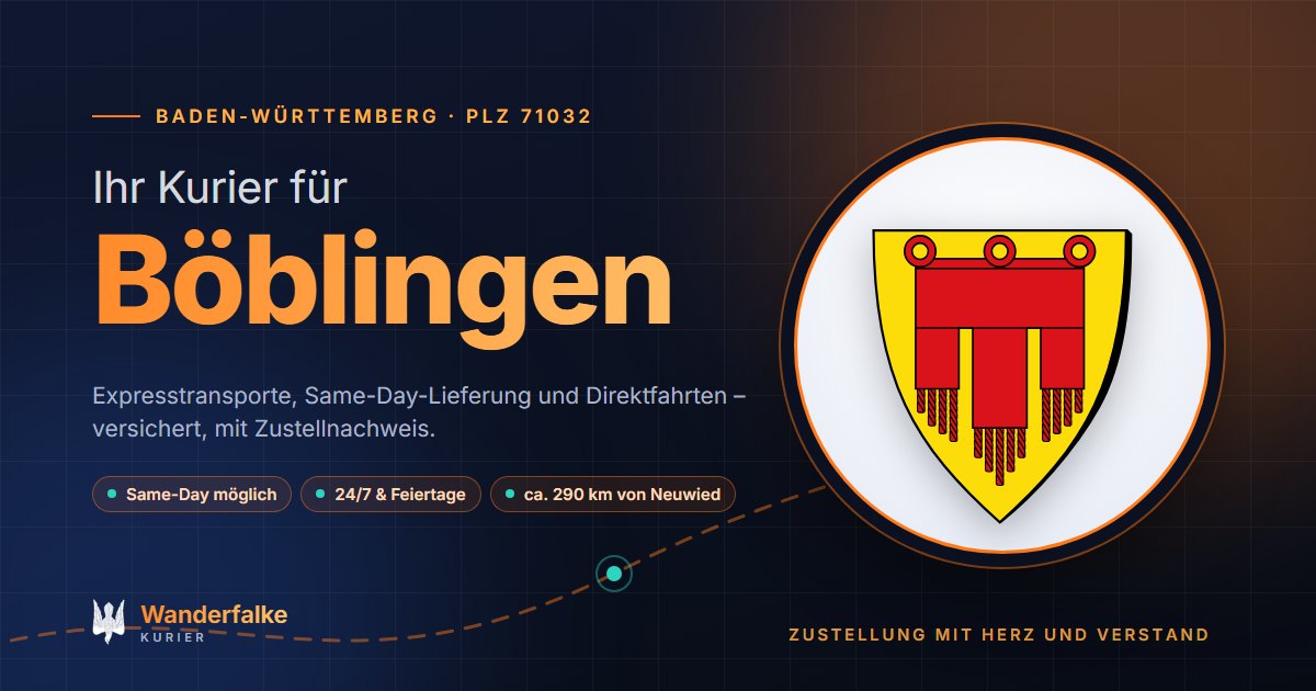Kurierdienst Böblingen: Wappen von Böblingen und das Angebot von Wanderfalke Kurier – Express, Same-Day und Direktfahrt ab Neuwied