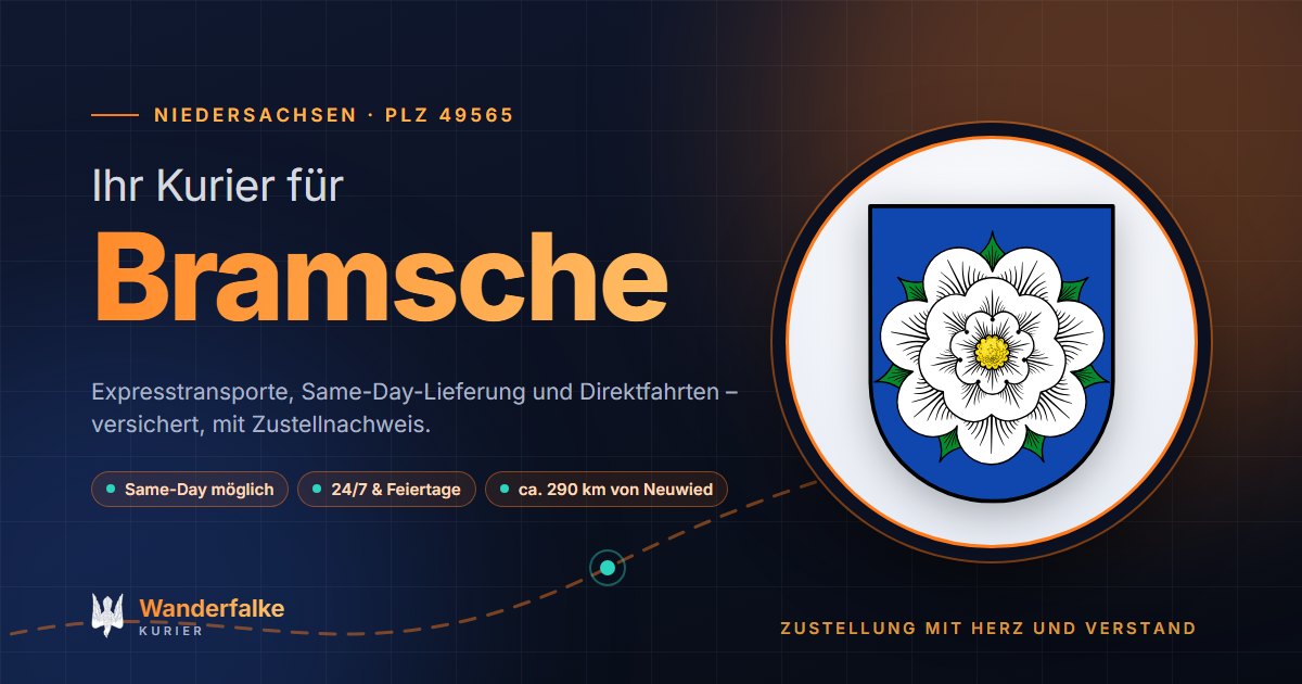 Kurierdienst Bramsche: Wappen von Bramsche und das Angebot von Wanderfalke Kurier – Express, Same-Day und Direktfahrt ab Neuwied