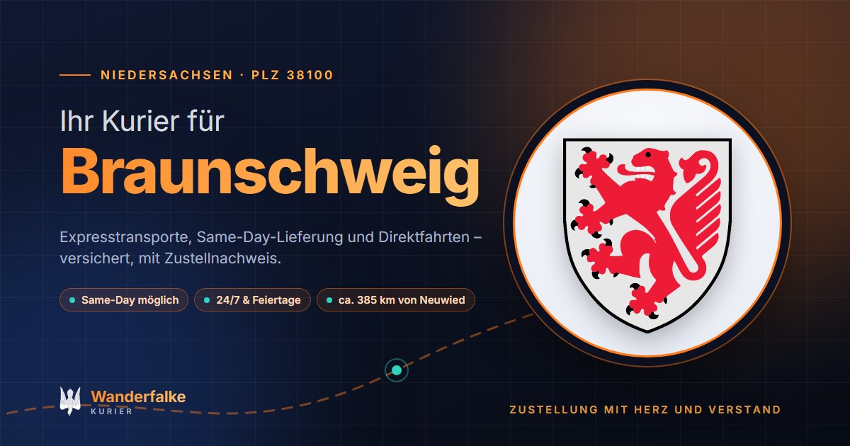 Kurierdienst Braunschweig: Wappen von Braunschweig und das Angebot von Wanderfalke Kurier – Express, Same-Day und Direktfahrt ab Neuwied
