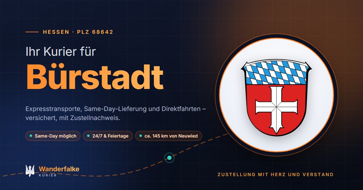 Kurierdienst Bürstadt: Wappen von Bürstadt und das Angebot von Wanderfalke Kurier – Express, Same-Day und Direktfahrt ab Neuwied