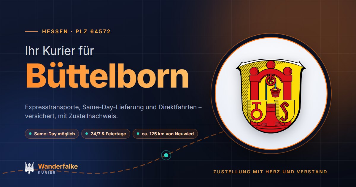 Kurierdienst Büttelborn: Wappen von Büttelborn und das Angebot von Wanderfalke Kurier – Express, Same-Day und Direktfahrt ab Neuwied