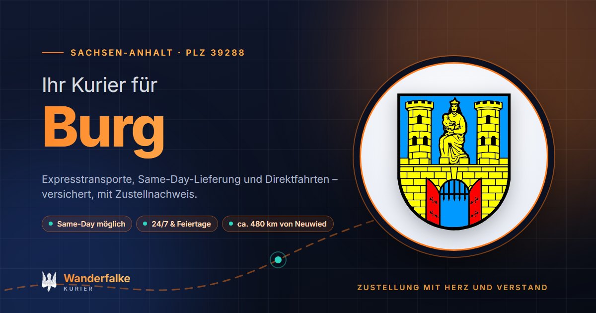 Kurierdienst Burg: Wappen von Burg und das Angebot von Wanderfalke Kurier – Express, Same-Day und Direktfahrt ab Neuwied