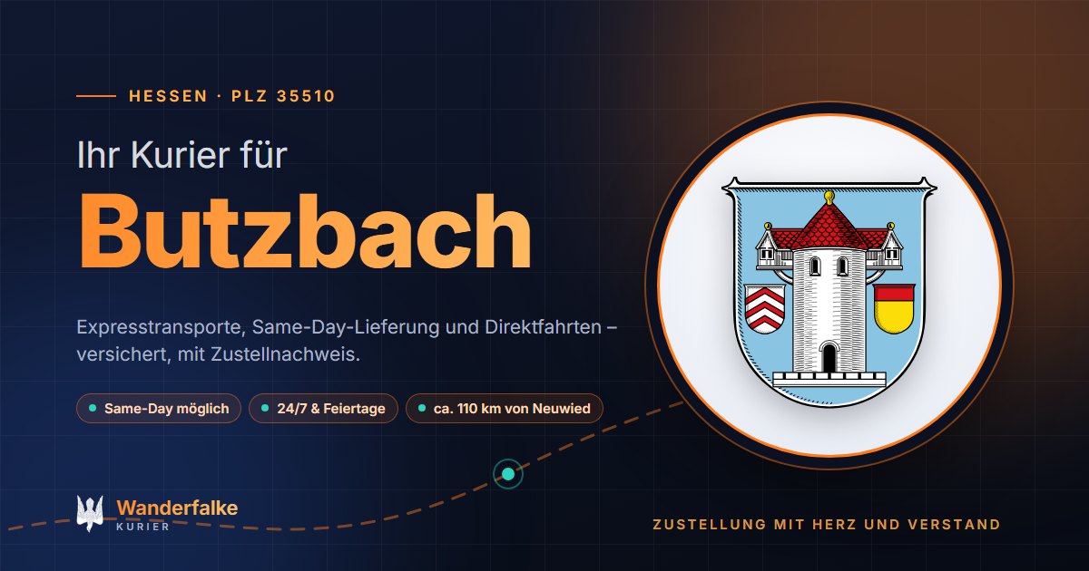 Kurierdienst Butzbach: Wappen von Butzbach und das Angebot von Wanderfalke Kurier – Express, Same-Day und Direktfahrt ab Neuwied