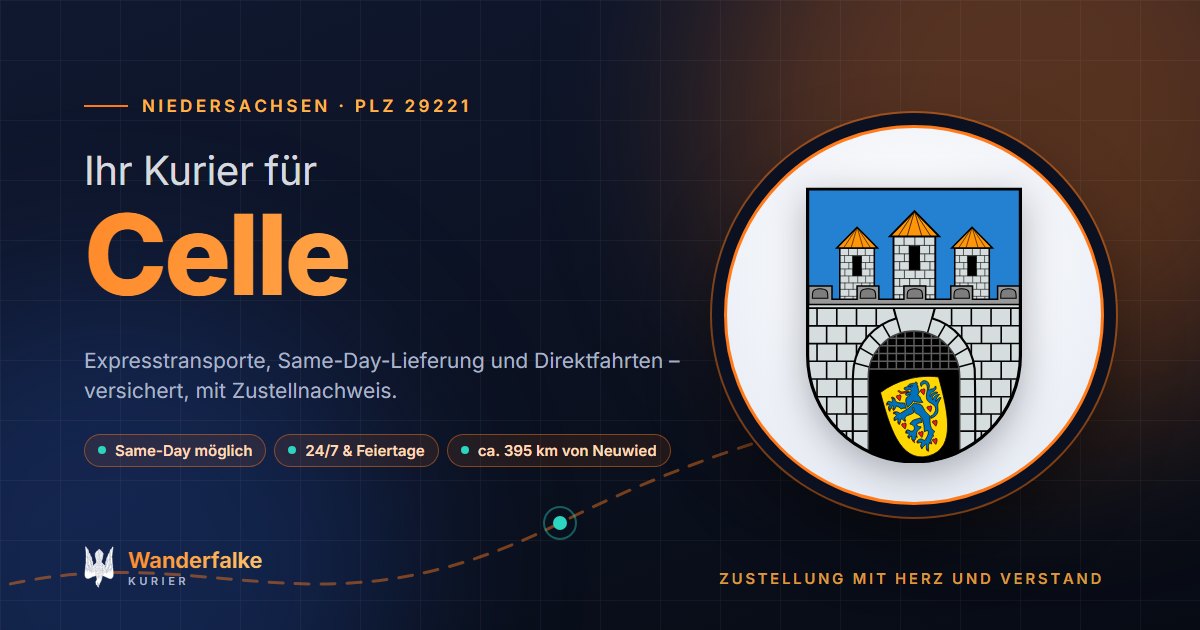 Kurierdienst Celle: Wappen von Celle und das Angebot von Wanderfalke Kurier – Express, Same-Day und Direktfahrt ab Neuwied