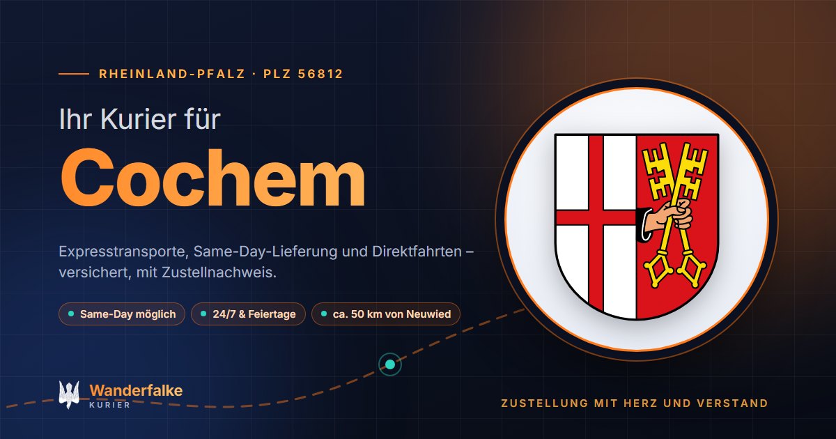 Kurierdienst Cochem: Wappen von Cochem und das Angebot von Wanderfalke Kurier – Express, Same-Day und Direktfahrt ab Neuwied