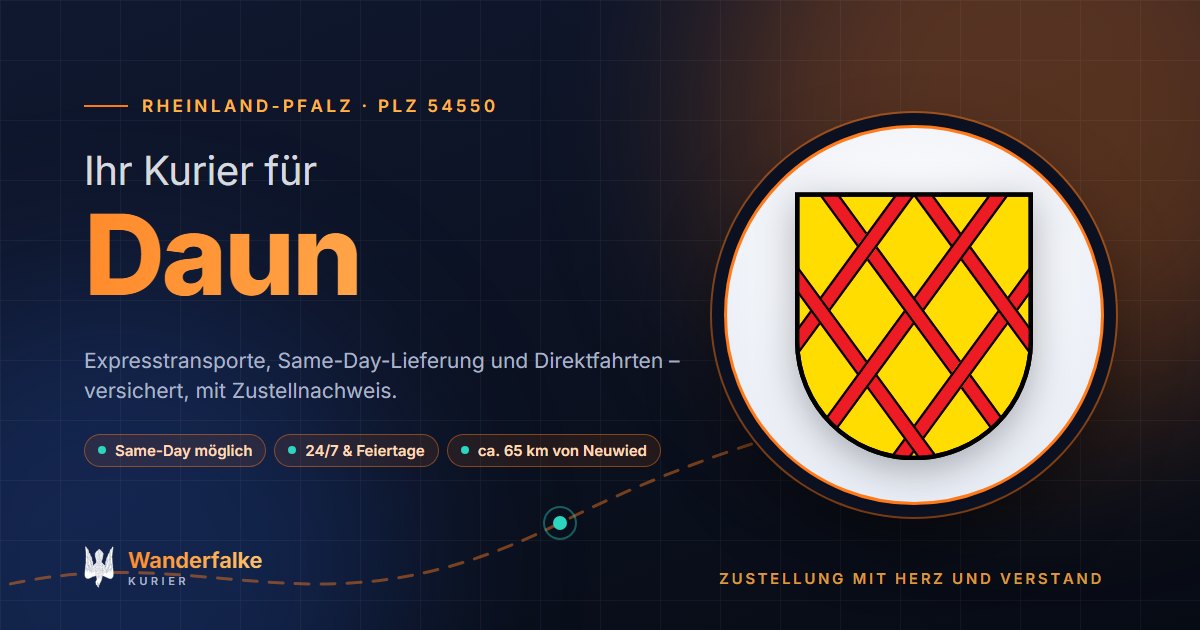 Kurierdienst Daun: Wappen von Daun und das Angebot von Wanderfalke Kurier – Express, Same-Day und Direktfahrt ab Neuwied