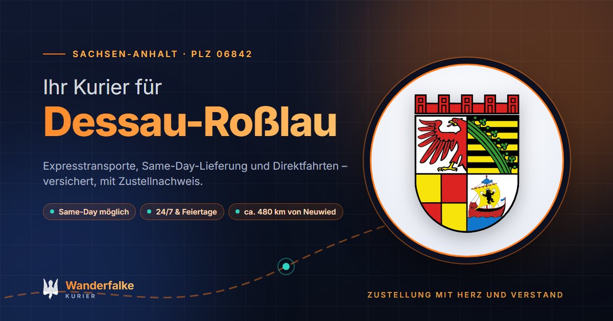 Kurierdienst Dessau-Roßlau: Wappen von Dessau-Roßlau und das Angebot von Wanderfalke Kurier – Express, Same-Day und Direktfahrt ab Neuwied