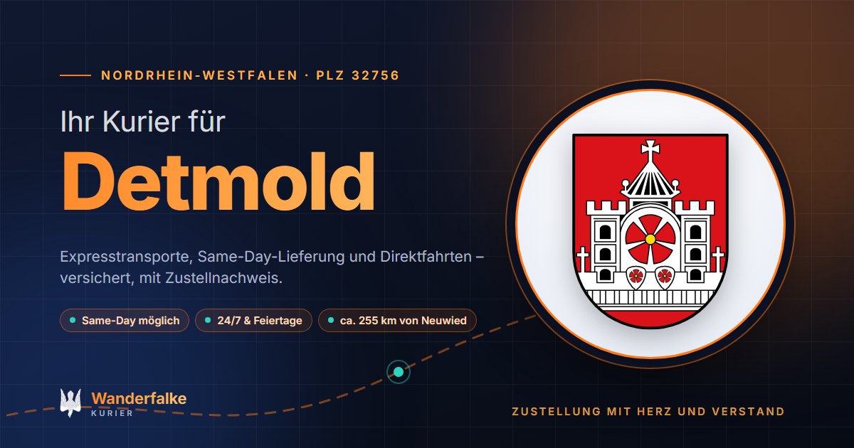 Kurierdienst Detmold: Wappen von Detmold und das Angebot von Wanderfalke Kurier – Express, Same-Day und Direktfahrt ab Neuwied