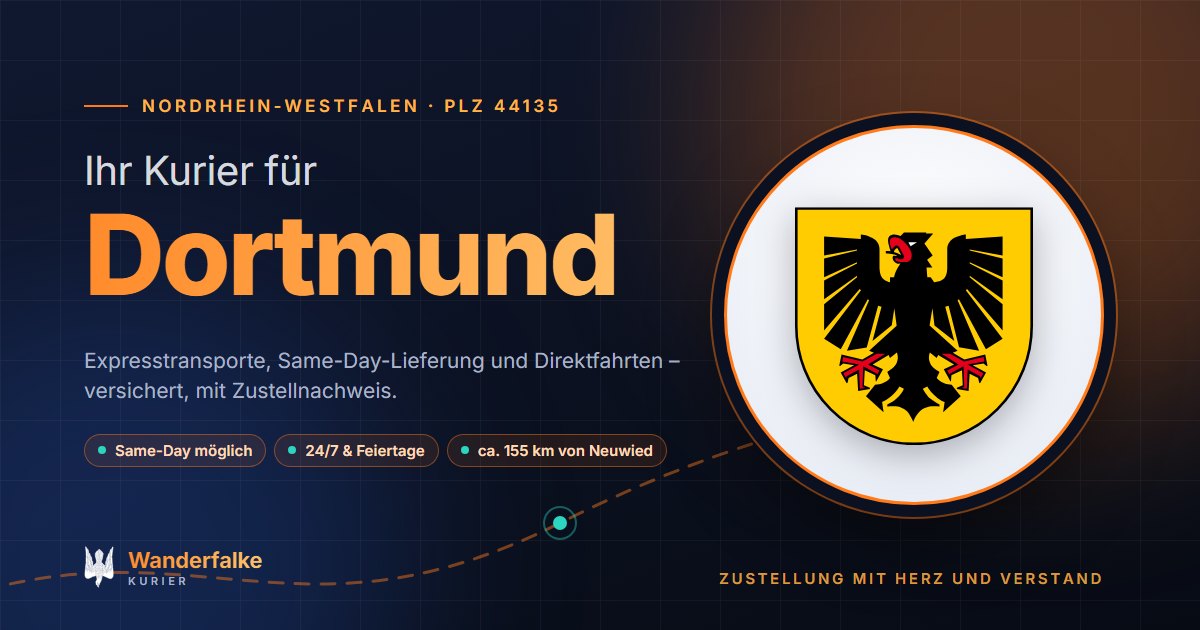 Kurierdienst Dortmund: Wappen von Dortmund und das Angebot von Wanderfalke Kurier – Express, Same-Day und Direktfahrt ab Neuwied