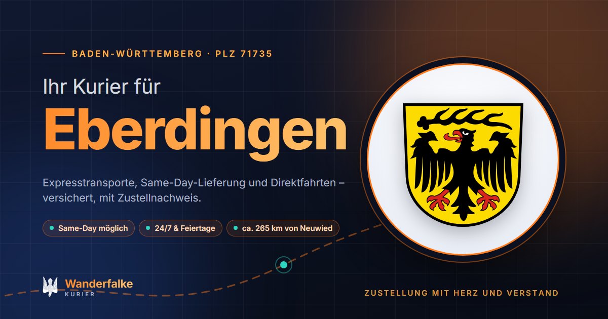 Kurierdienst Eberdingen: Wappen von Eberdingen und das Angebot von Wanderfalke Kurier – Express, Same-Day und Direktfahrt ab Neuwied