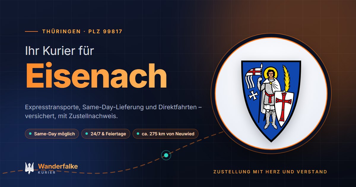 Kurierdienst Eisenach: Wappen von Eisenach und das Angebot von Wanderfalke Kurier – Express, Same-Day und Direktfahrt ab Neuwied