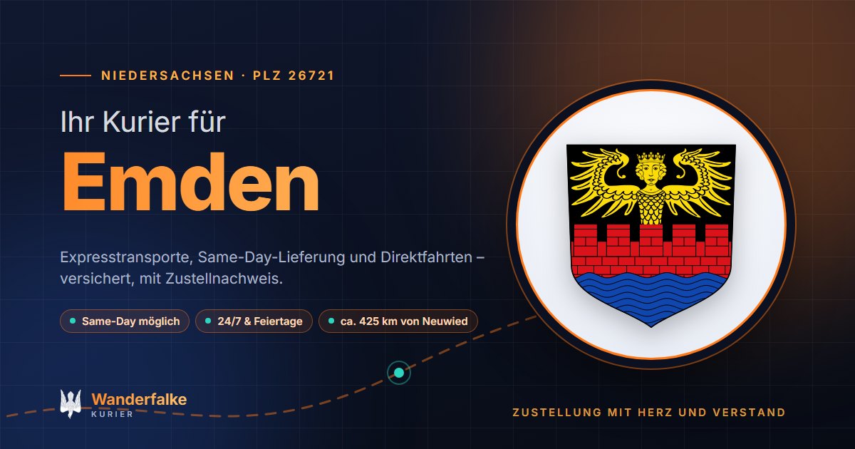 Kurierdienst Emden: Wappen von Emden und das Angebot von Wanderfalke Kurier – Express, Same-Day und Direktfahrt ab Neuwied
