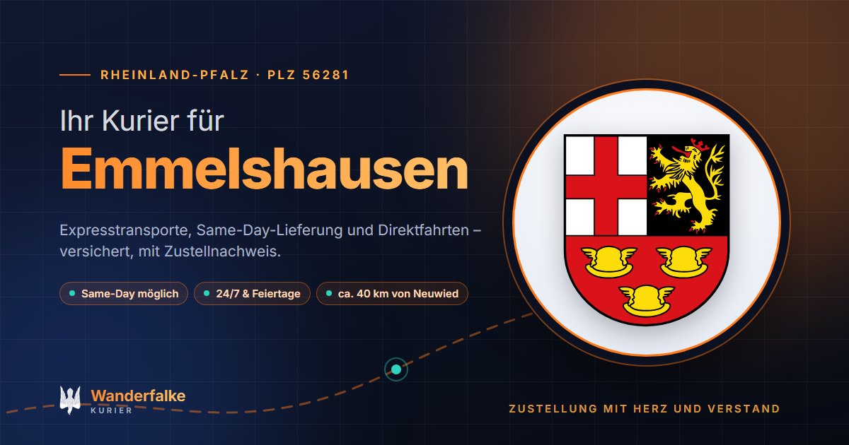 Kurierdienst Emmelshausen: Wappen von Emmelshausen und das Angebot von Wanderfalke Kurier – Express, Same-Day und Direktfahrt ab Neuwied