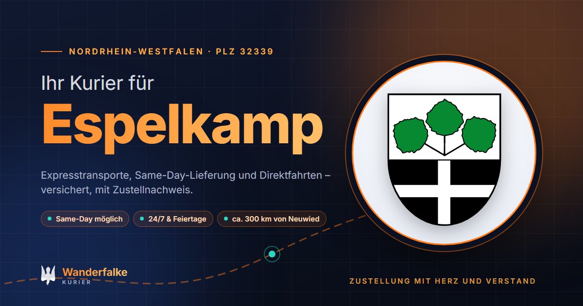 Kurierdienst Espelkamp: Wappen von Espelkamp und das Angebot von Wanderfalke Kurier – Express, Same-Day und Direktfahrt ab Neuwied