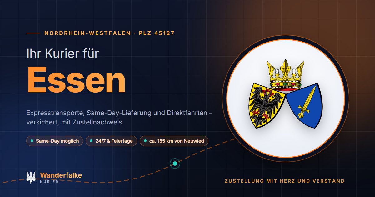 Kurierdienst Essen: Wappen von Essen und das Angebot von Wanderfalke Kurier – Express, Same-Day und Direktfahrt ab Neuwied