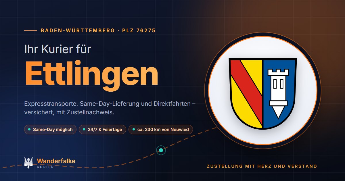 Kurierdienst Ettlingen: Wappen von Ettlingen und das Angebot von Wanderfalke Kurier – Express, Same-Day und Direktfahrt ab Neuwied