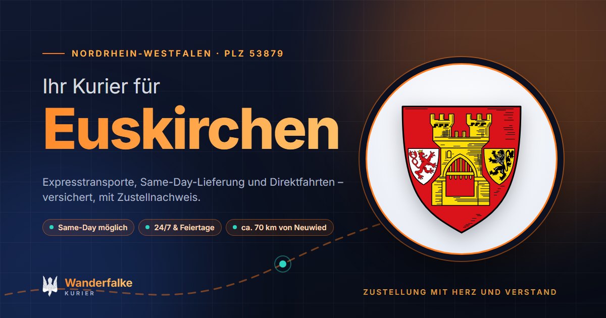 Kurierdienst Euskirchen: Wappen von Euskirchen und das Angebot von Wanderfalke Kurier – Express, Same-Day und Direktfahrt ab Neuwied