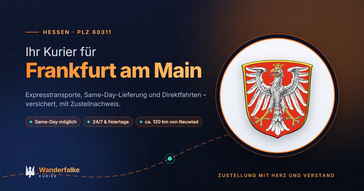 Kurierdienst Frankfurt am Main: Wappen von Frankfurt am Main und das Angebot von Wanderfalke Kurier – Express, Same-Day und Direktfahrt ab Neuwied