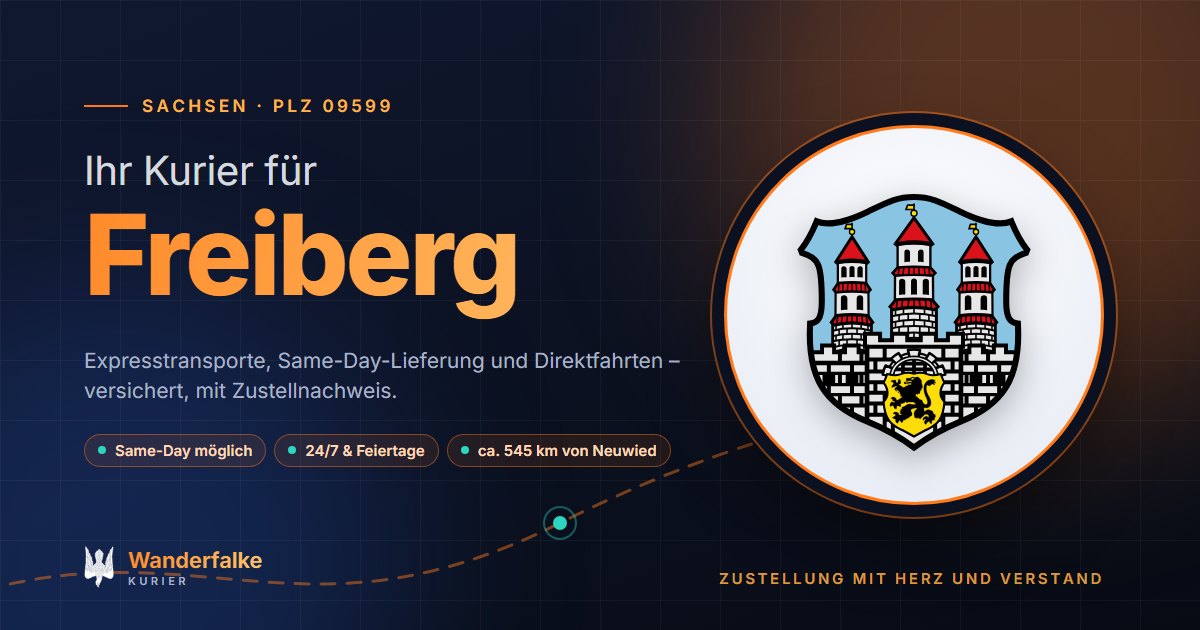 Kurierdienst Freiberg: Wappen von Freiberg und das Angebot von Wanderfalke Kurier – Express, Same-Day und Direktfahrt ab Neuwied