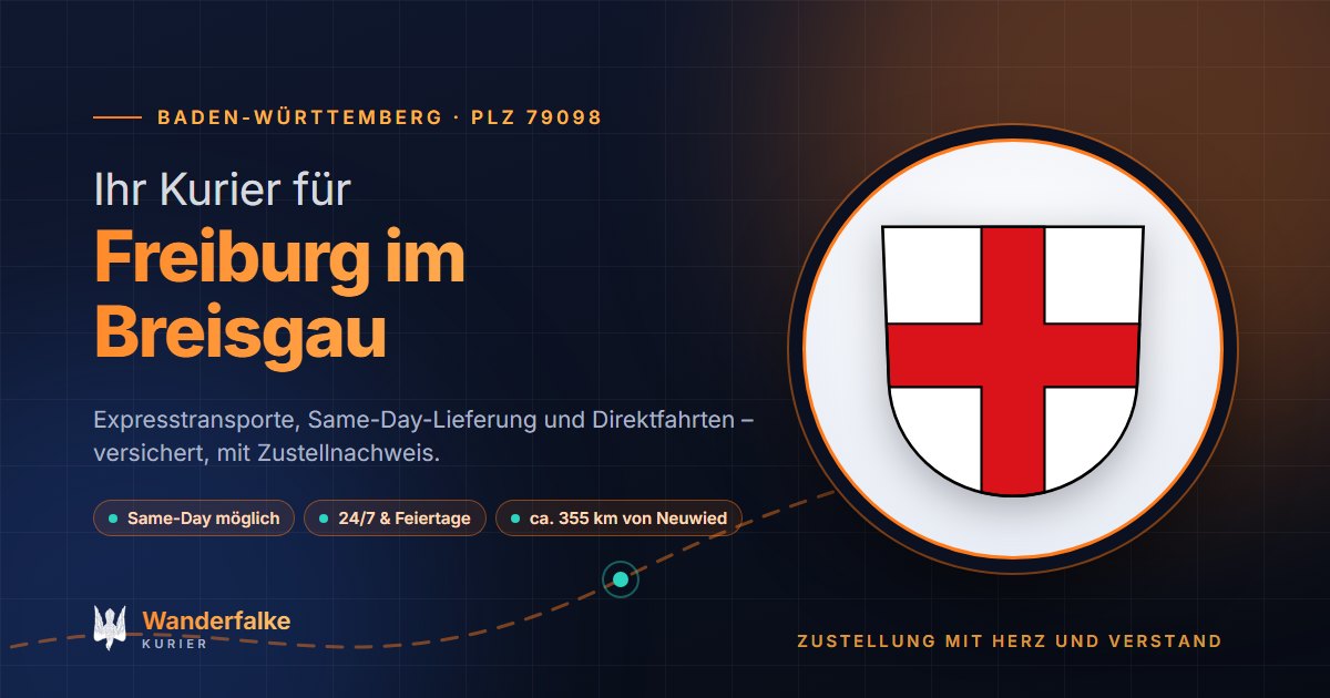 Kurierdienst Freiburg im Breisgau: Wappen von Freiburg im Breisgau und das Angebot von Wanderfalke Kurier – Express, Same-Day und Direktfahrt ab Neuwied