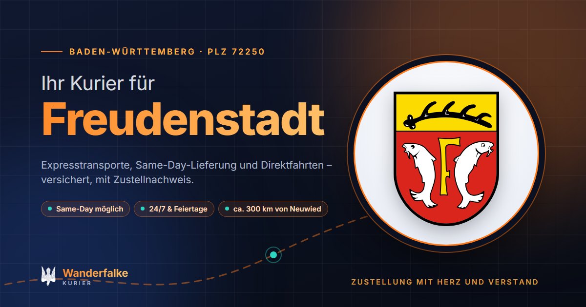 Kurierdienst Freudenstadt: Wappen von Freudenstadt und das Angebot von Wanderfalke Kurier – Express, Same-Day und Direktfahrt ab Neuwied