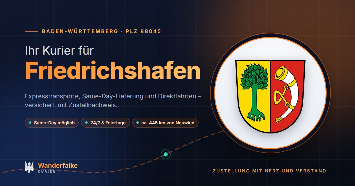 Kurierdienst Friedrichshafen: Wappen von Friedrichshafen und das Angebot von Wanderfalke Kurier – Express, Same-Day und Direktfahrt ab Neuwied