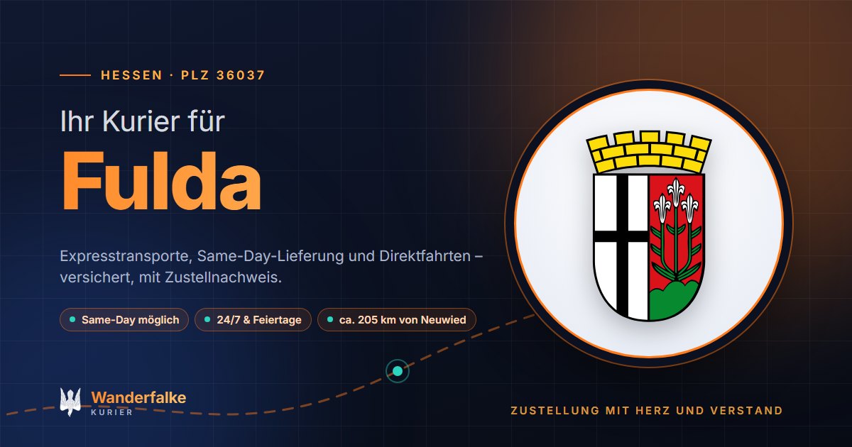 Kurierdienst Fulda: Wappen von Fulda und das Angebot von Wanderfalke Kurier – Express, Same-Day und Direktfahrt ab Neuwied