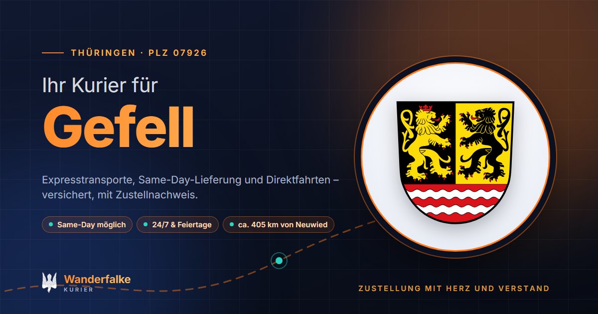 Kurierdienst Gefell: Wappen von Gefell und das Angebot von Wanderfalke Kurier – Express, Same-Day und Direktfahrt ab Neuwied